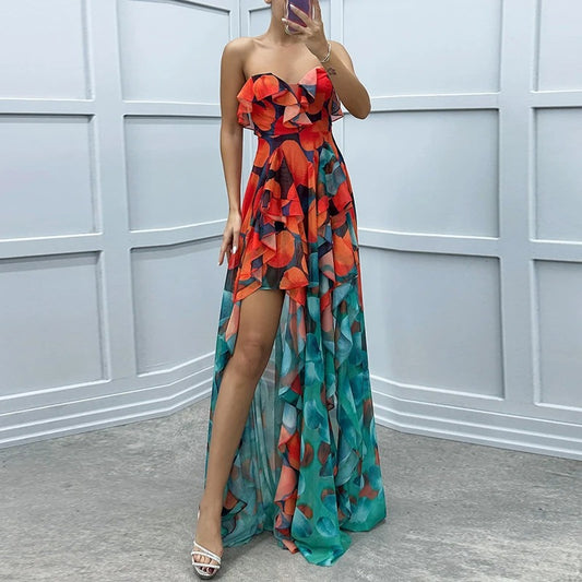 Celestia Irregular Ruffle Mesh Maxi