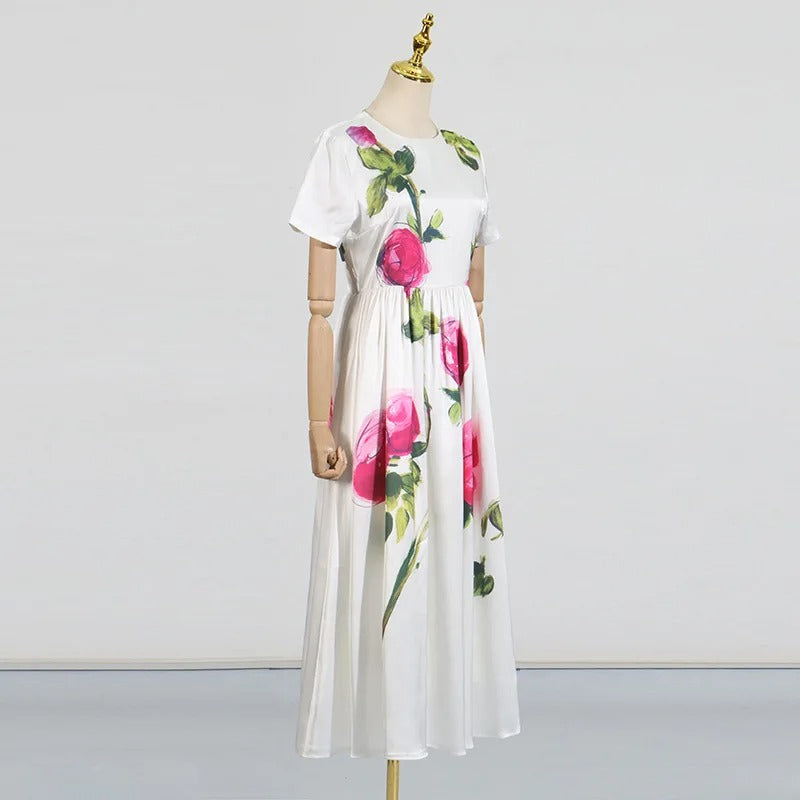 FloraRetro Pleated Satin Midi Dress