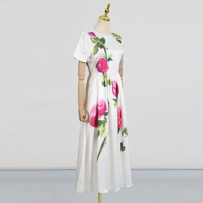 FloraRetro Pleated Satin Midi Dress