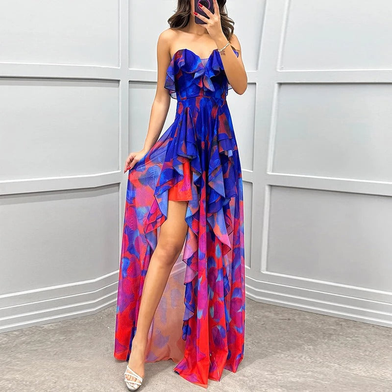 Celestia Irregular Ruffle Mesh Maxi