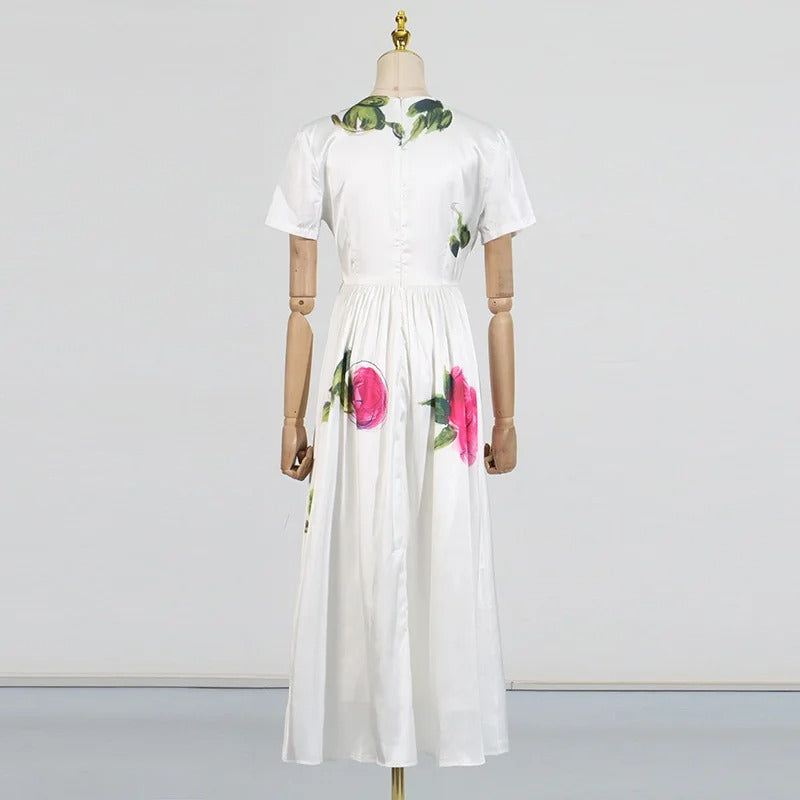FloraRetro Pleated Satin Midi Dress