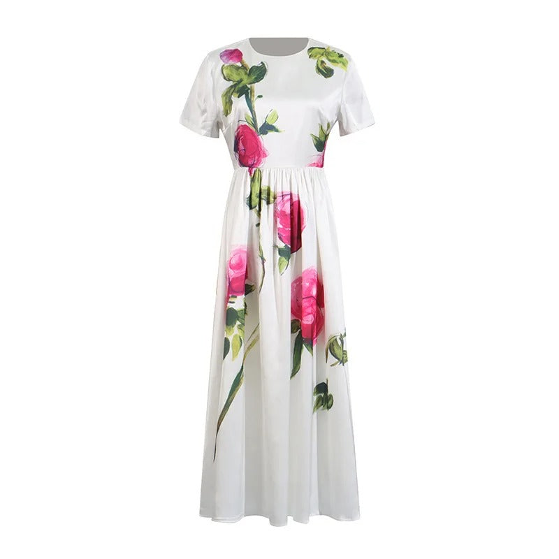 FloraRetro Pleated Satin Midi Dress