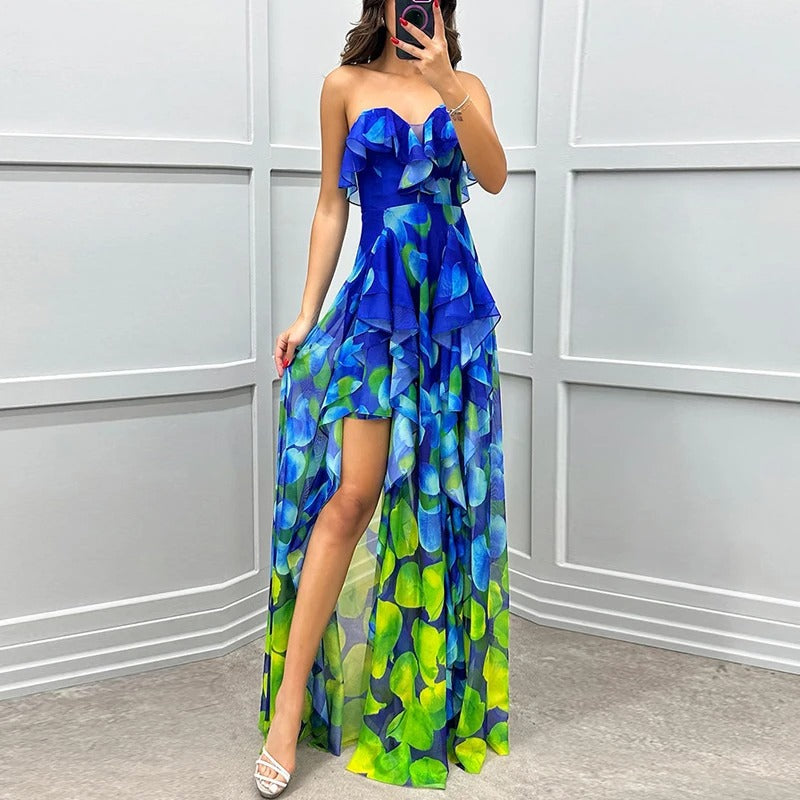 Celestia Irregular Ruffle Mesh Maxi
