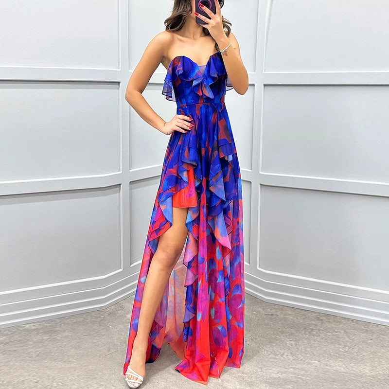 Celestia Irregular Ruffle Mesh Maxi