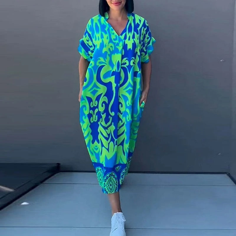 Elegant Floral Print V-Neck A-Line Dress