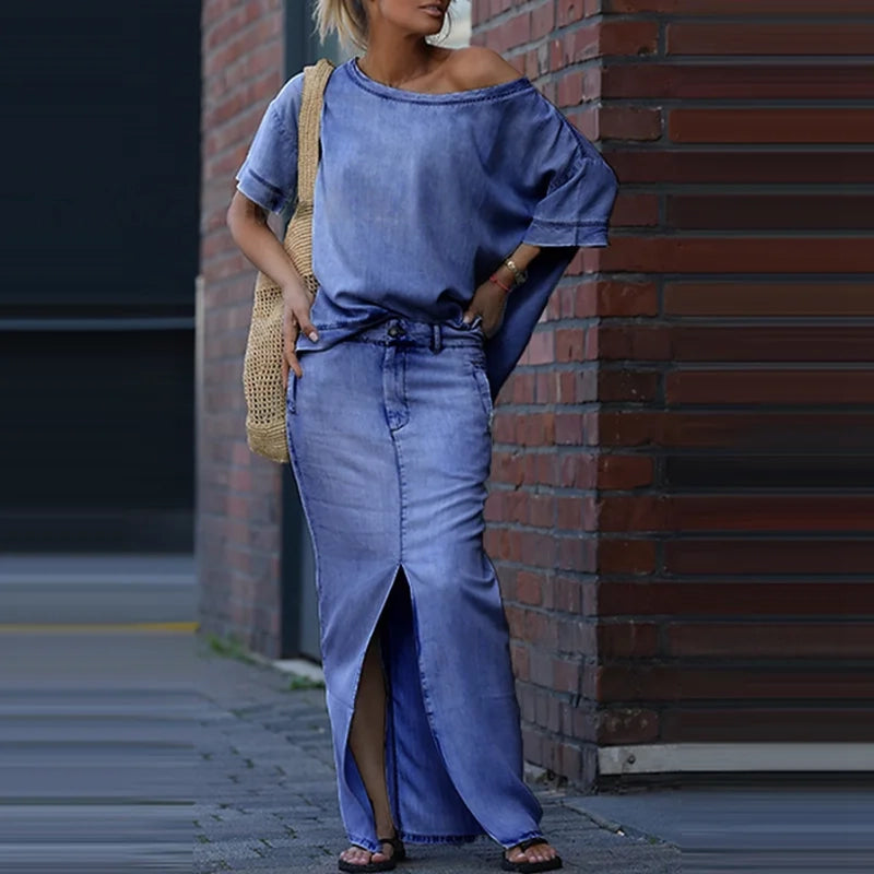 Elegant Denim Split Skirt Set